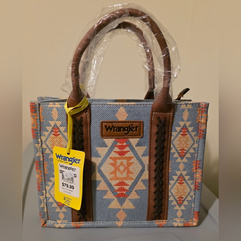 Wrangler Blue and Brown Geometric Tote Bag W/Matching Card Holder - Picture 6 of 11